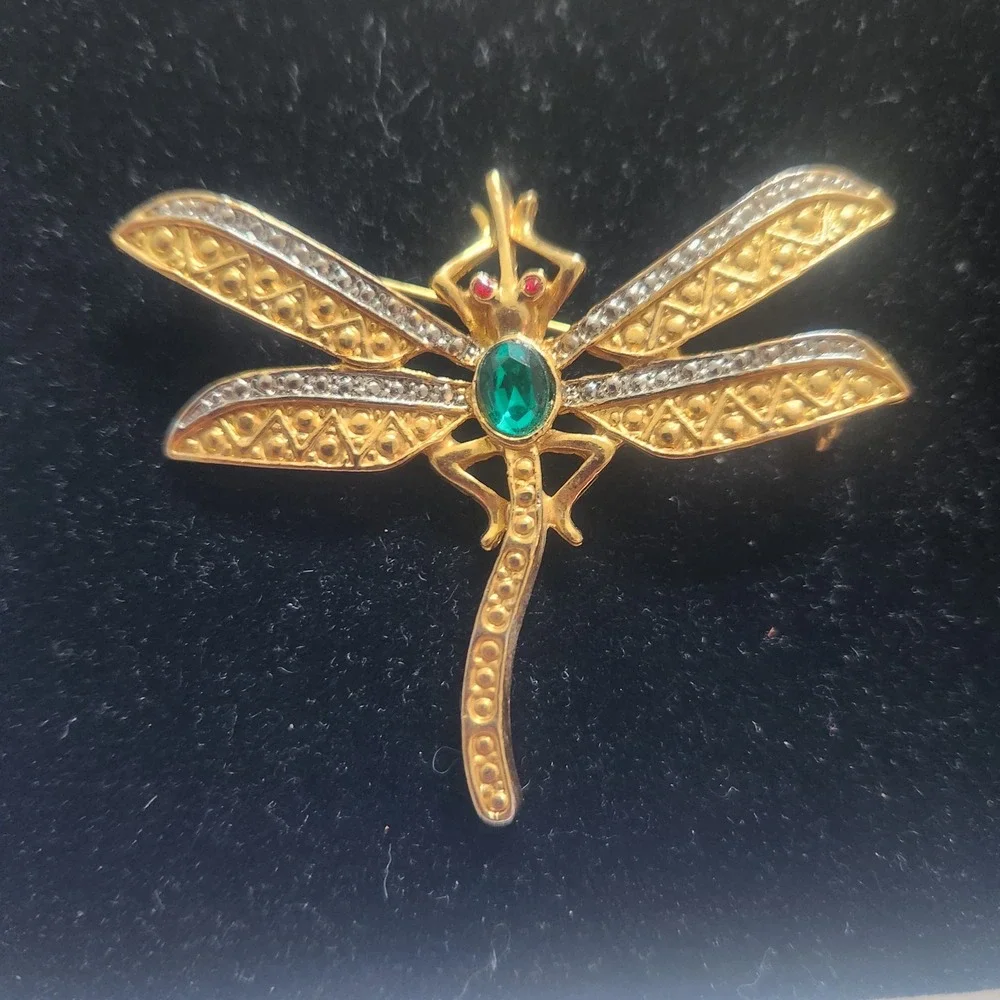 Vintage Gold Tone‎ Dragonfly Brooch Green Emerald Red Ruby Rhinestone Pin 2.5